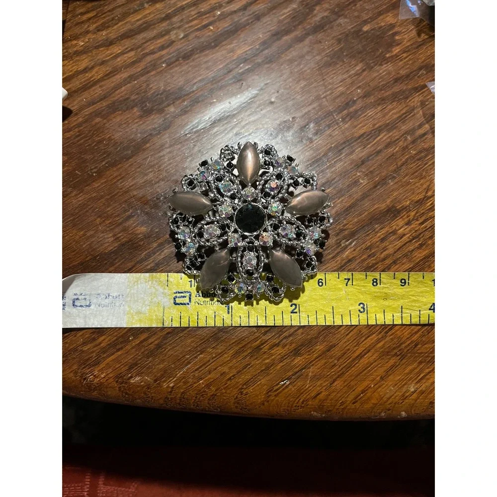 Vintage Emmons Silver Tone Aurora Borealis Black Rhinestone Filigree Brooch